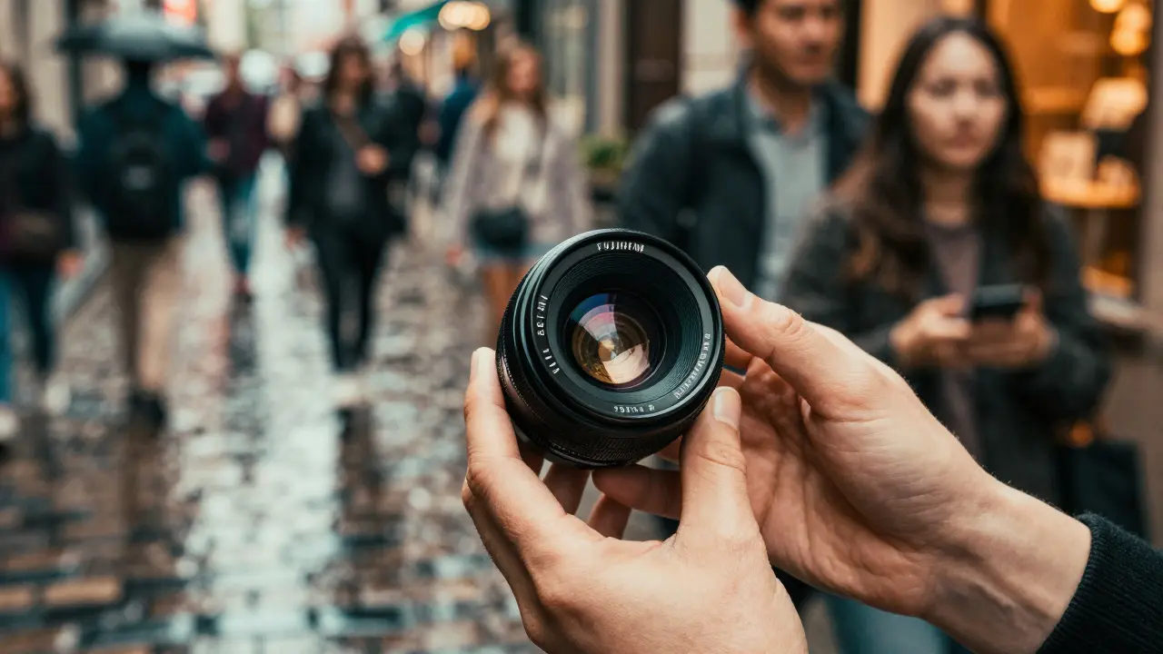Hände halten Fujifilm 35mm Objektiv vor einer Straßenfotografie-Szene, metallische Verarbeitung, warme Lichtreflexe.