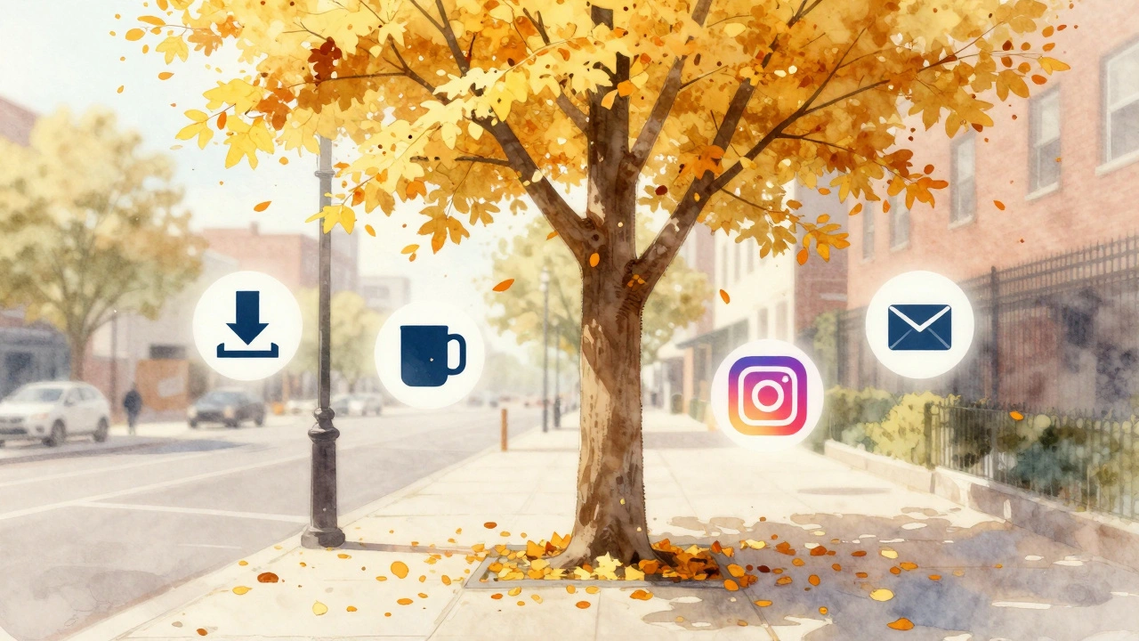 Herbstlicher Baum mit symbolischen Einkommensquellen wie Drucke und Social Media.