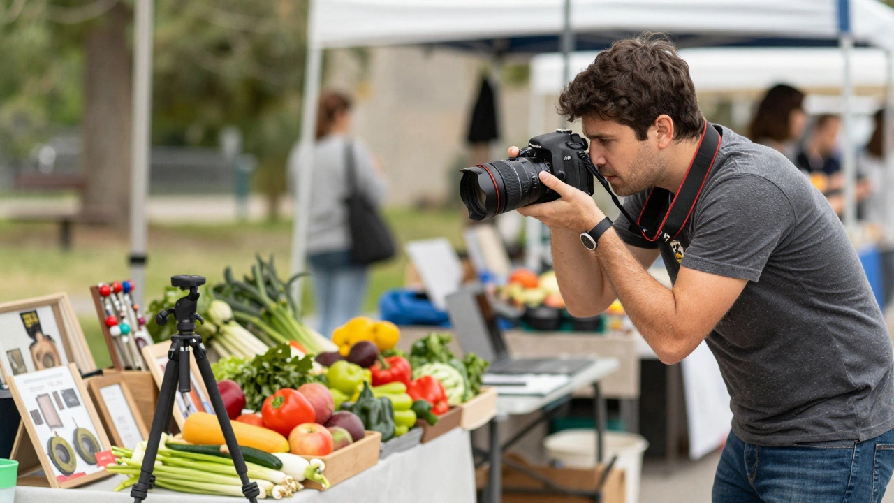 Hobbyfotograf macht Bilder von frischen Lebensmitteln auf einem Wochenmarkt.