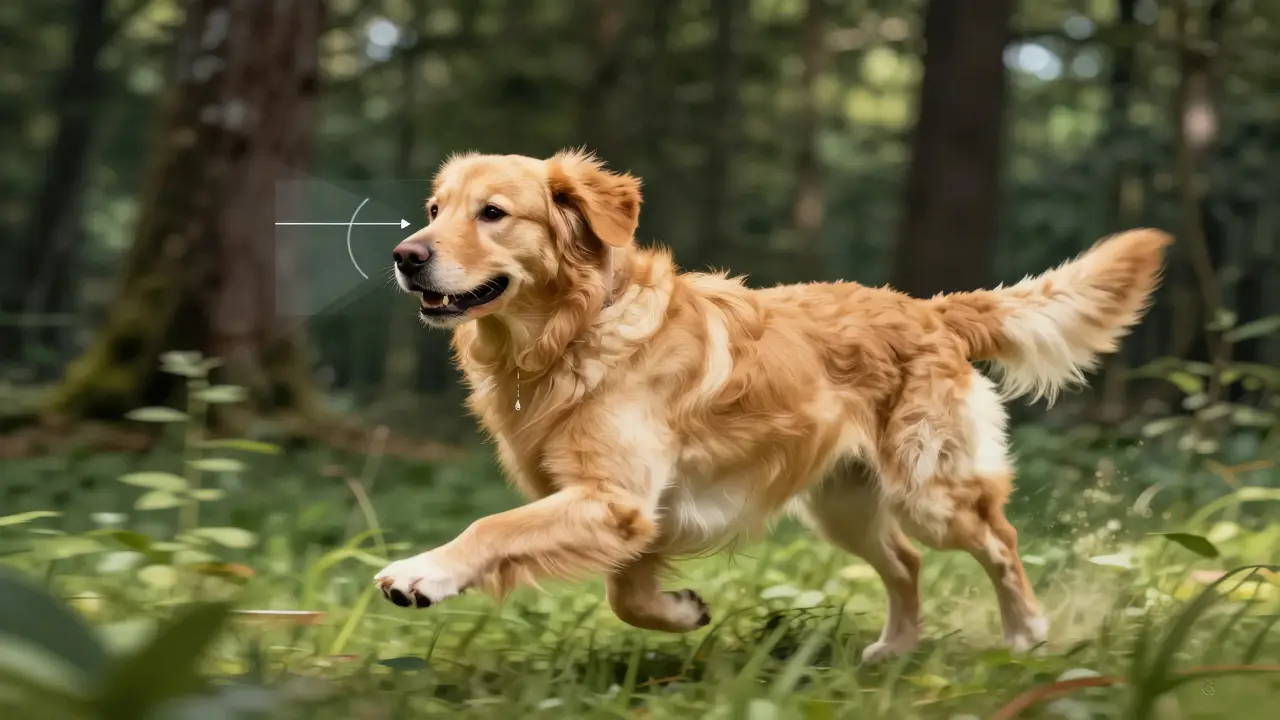 Hund rennt durch den Wald, Autofokus der Canon Kamera fokussiert präzise auf seine Augen.