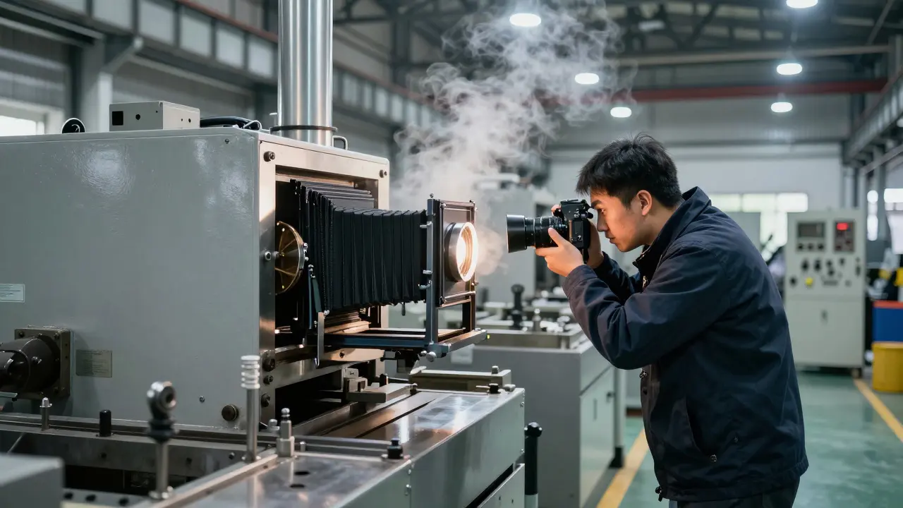 Industriefotograf dokumentiert eine Maschine in einer Fabrikhalle mit präziser Beleuchtung.