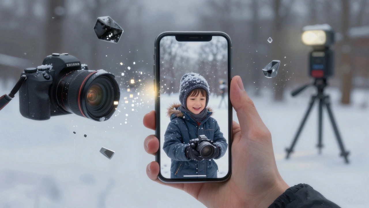 iPhone mit Bild eines Kindes im Schnee, professionelle Kamerageräte lösen sich in Lichtpartikeln auf.