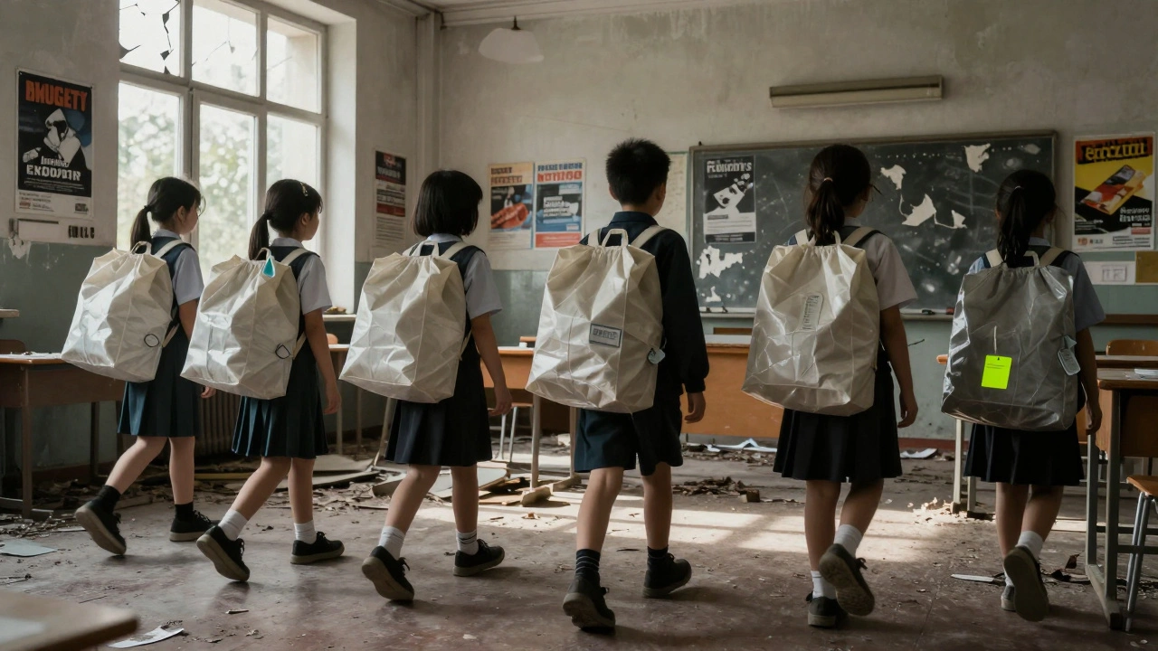 Kinder in Schuluniformen aus recyceltem Plastik gehen still durch ein verlassenes Klassenzimmer.