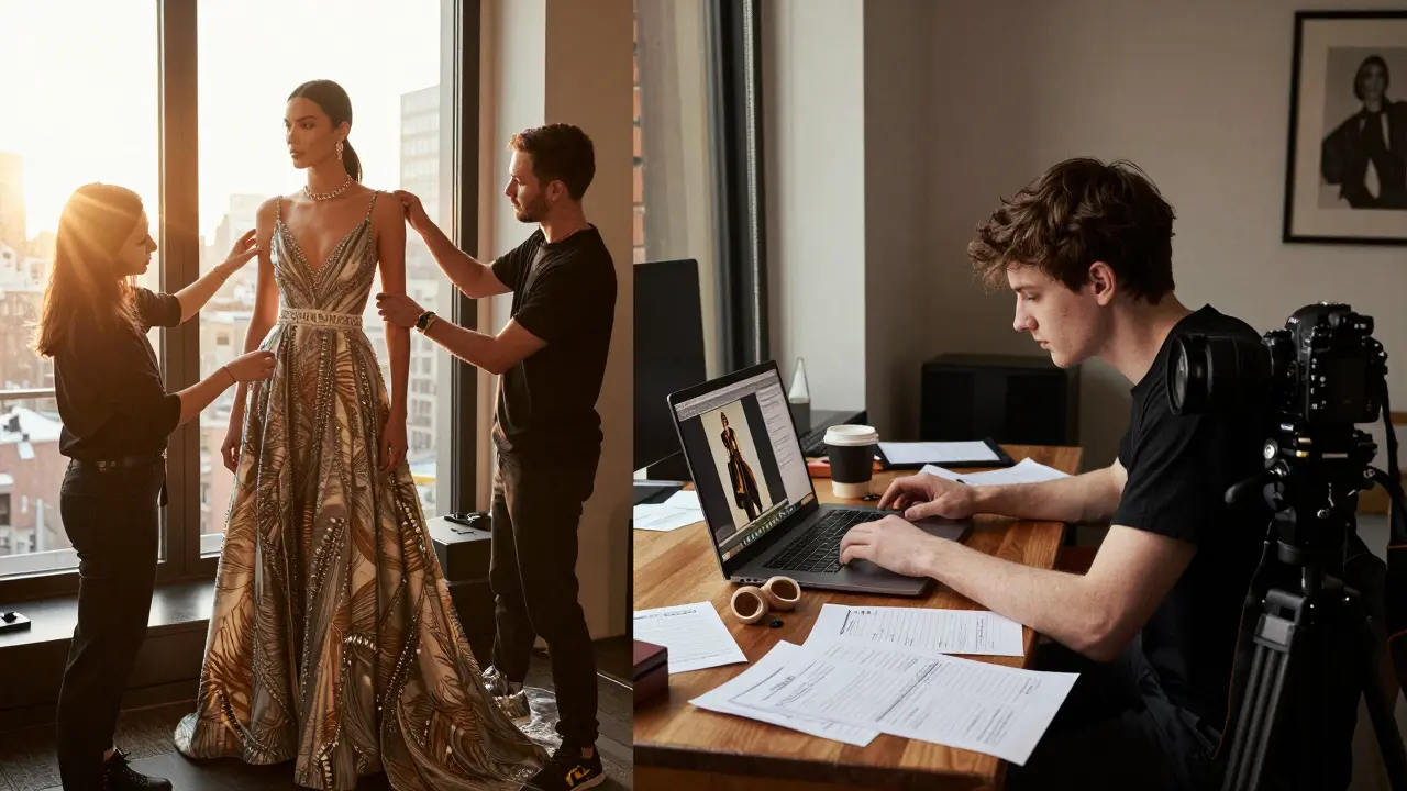 Kontrast zwischen luxuriösem Fashion-Shoot in New York und einem Freelancer in einer bescheidenen Berliner Wohnung.