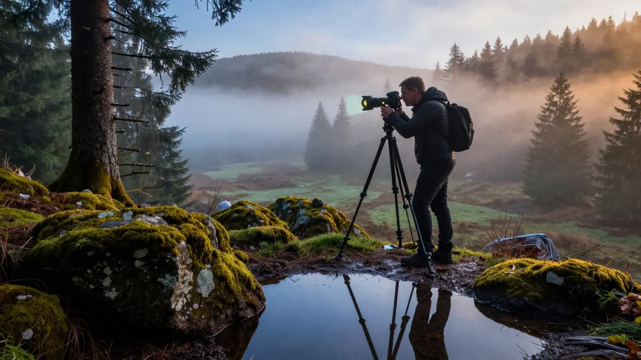 Landschaftsfotograf mit Nikon Z8 in einem nebligen Wald bei Sonnenaufgang, Kamera auf Stativ, echte Farben im Nebel reflektiert.