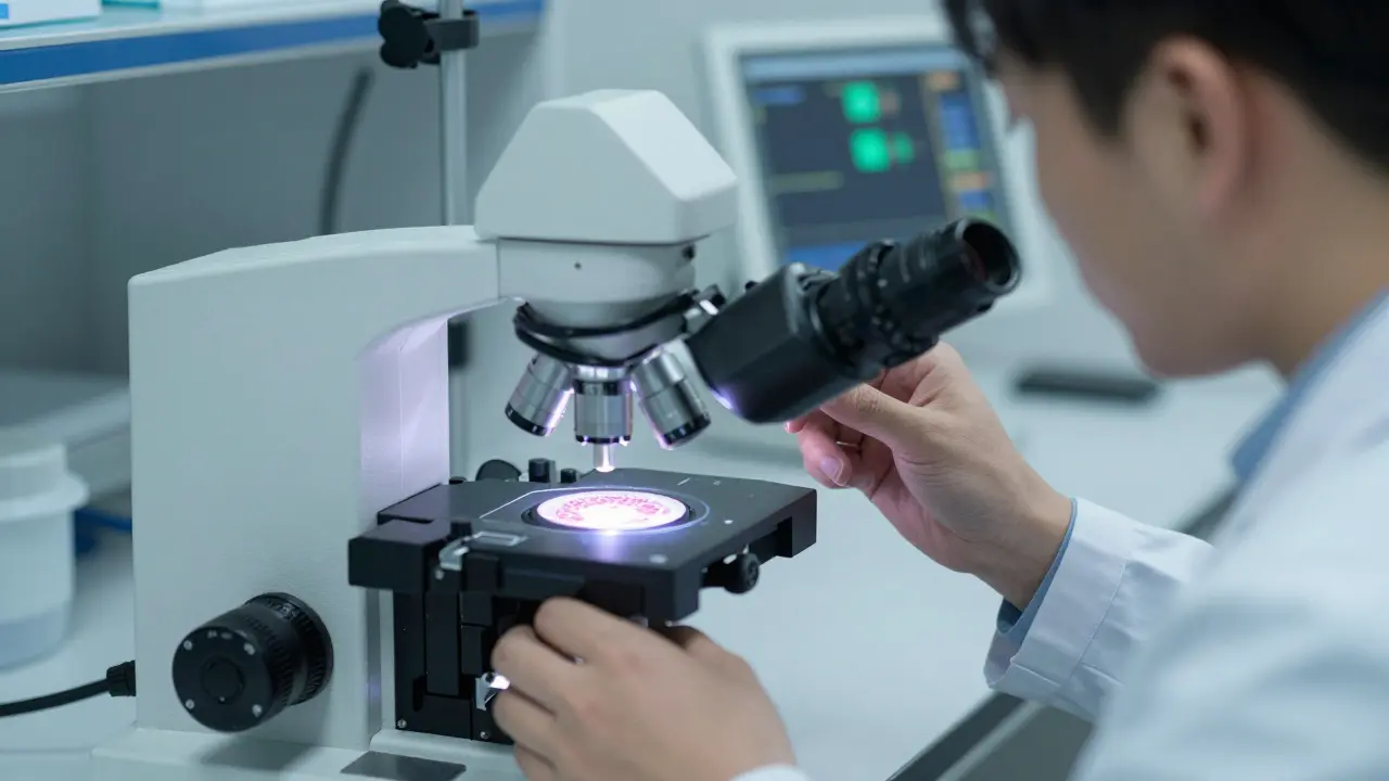 Medizinischer Fotograf verwendet ein Mikroskop, um Gewebe in einem Labor zu dokumentieren.