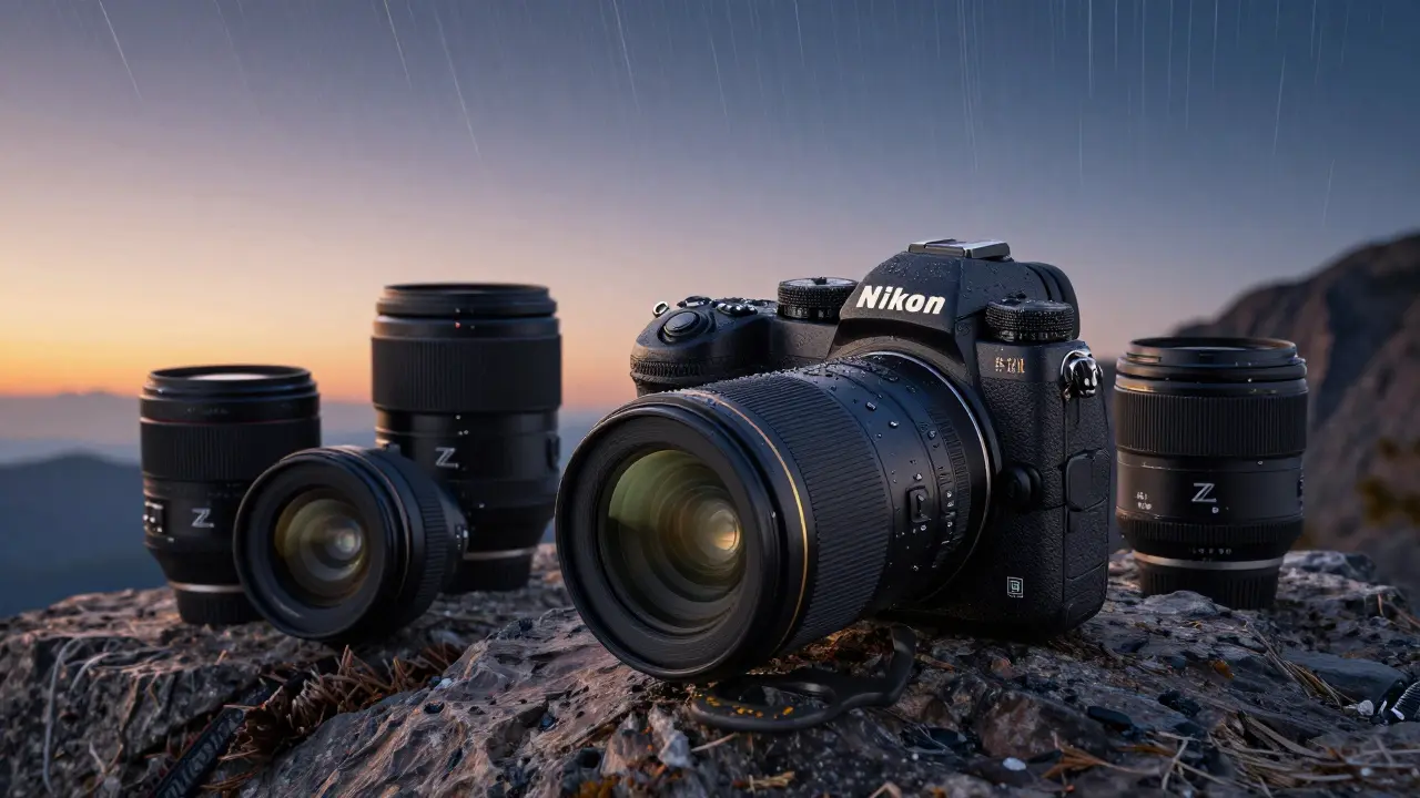 Nikon-Kamera mit Objektiven auf einem Felsen bei Morgendämmerung, Landschaft im Hintergrund.