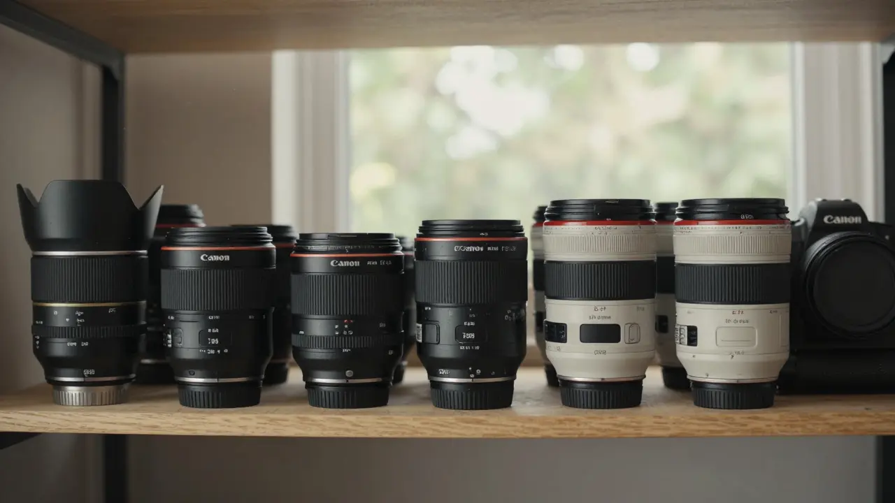 Regal mit Canon Objektiven von 2008 bis heute, alle kompatibel mit einer modernen Kamera.