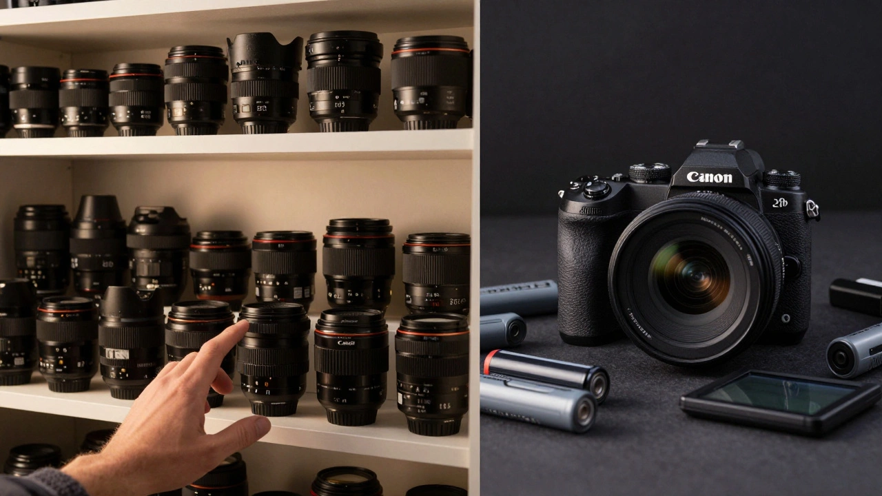 Regal voller alter und neuer Canon- und Nikon-Objektive neben einer modernen Mirrorless-Kamera.