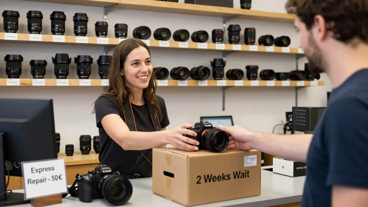 Reparaturwerkstatt mit Canon-Kamera, die zurückgegeben wird, während Sony-Kamera versandt wird.