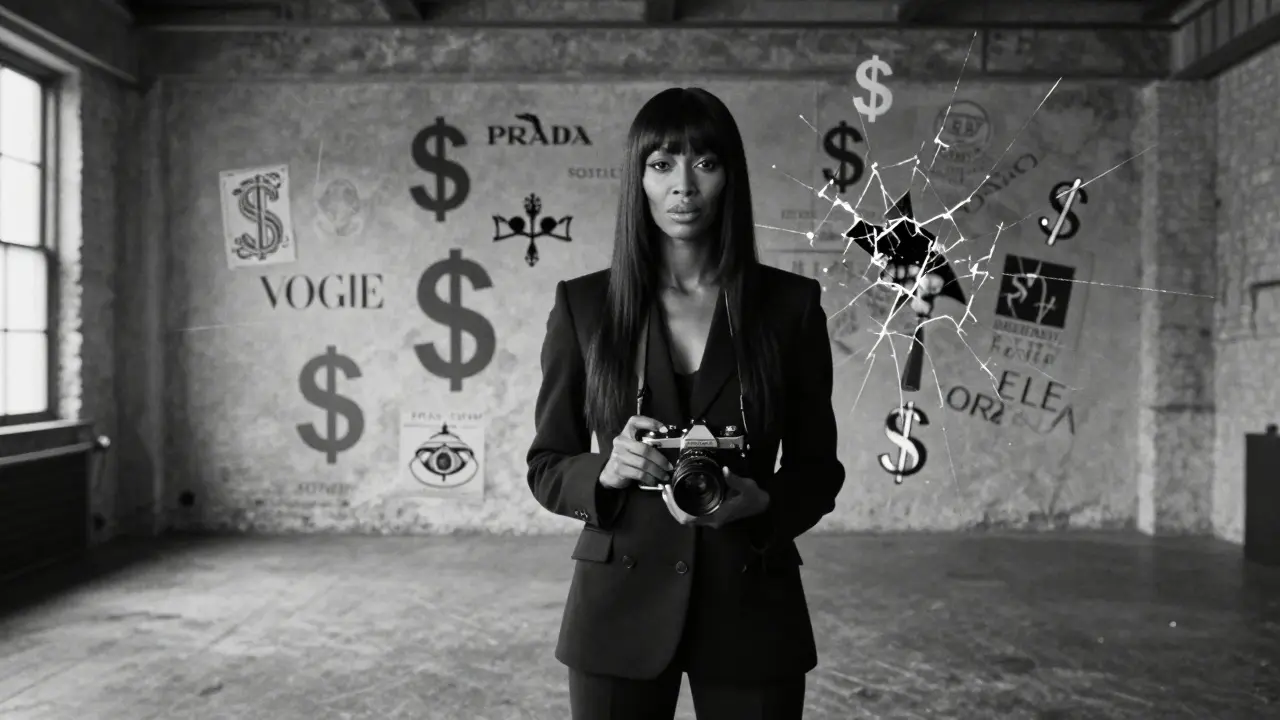 Schwarz-weiß-Porträt einer Ikone der Modefotografie mit symbolischen Elementen von Erfolg und Kosten.