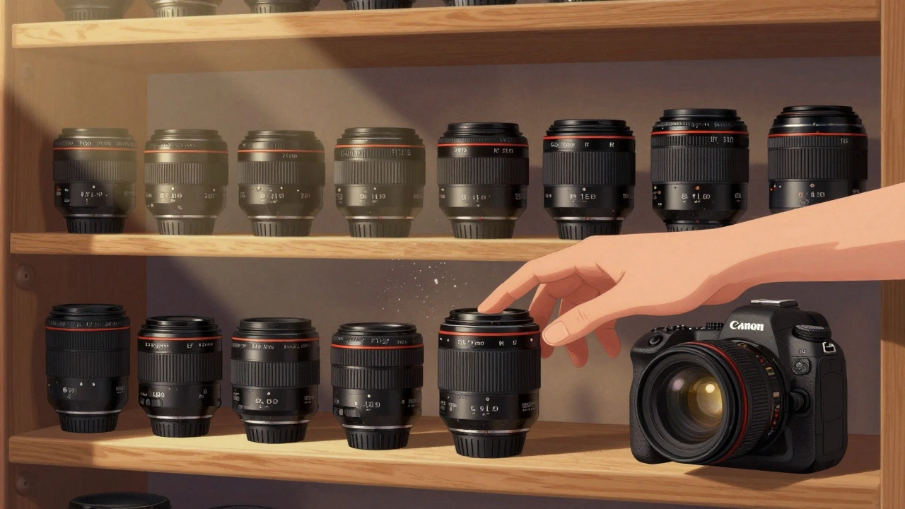 Shelf with decades of Canon lenses, bathed in warm sunlight, showing long-term compatibility.
