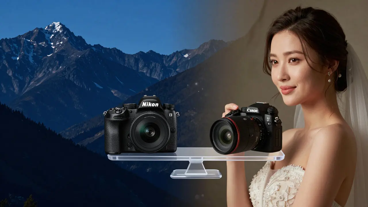 Split-Bild: linke Seite kühle Landschaft (Nikon), rechte Seite warmes Porträt (Canon) — beide mit gleicher Schärfe, unterschiedlicher Stimmung.