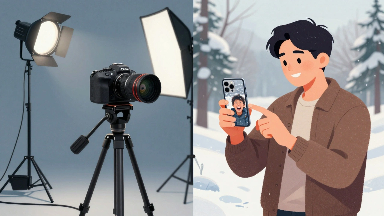 Split-Bild: Profi-Kamera im Studio vs. iPhone mit Foto eines lachenden Kindes im Schnee.