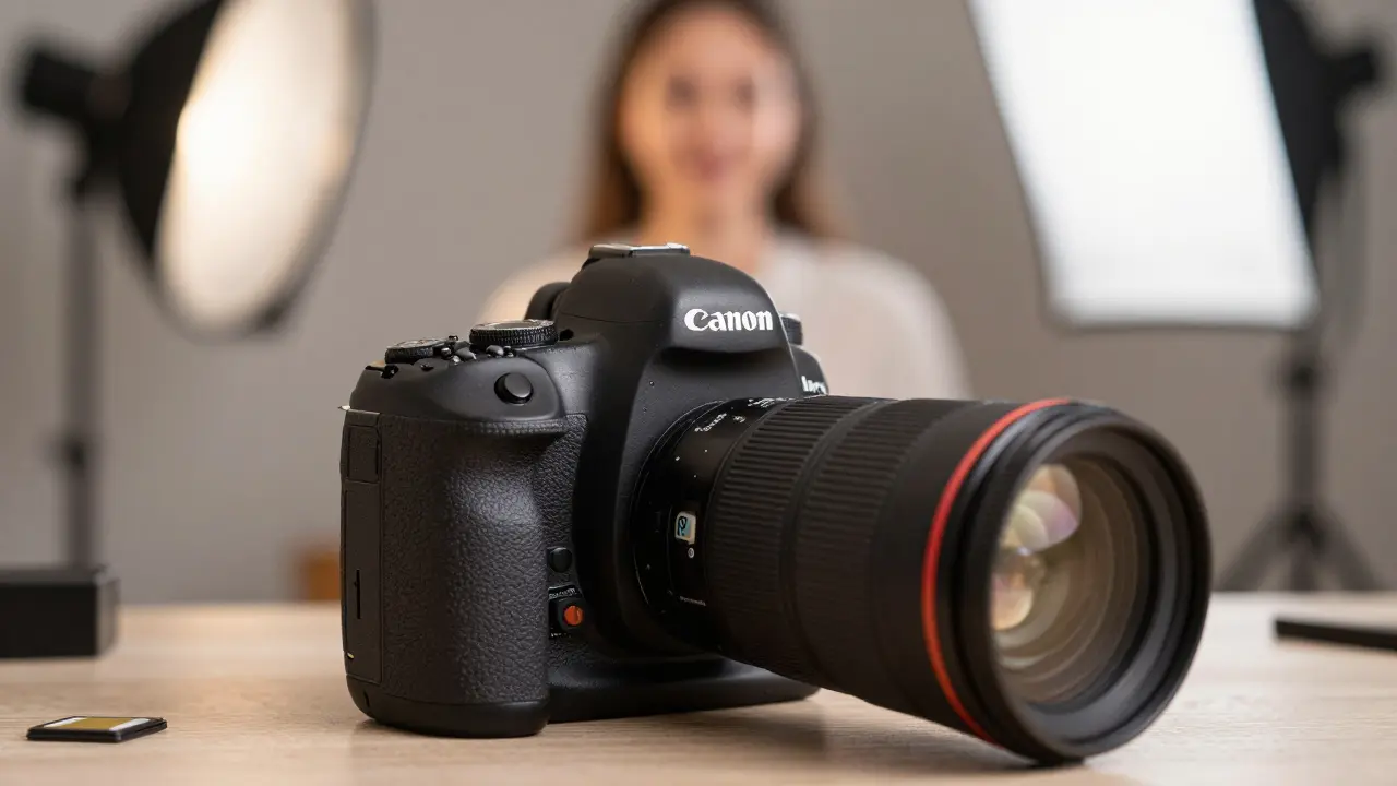 Studio-Fotograf mit Canon 5D Mark IV, der ein Porträt unter weichen Lichtern aufnimmt.