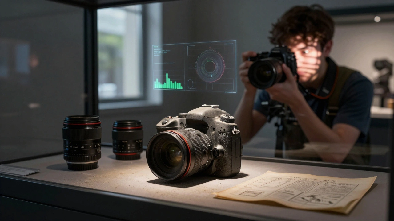 Veraltete DSLR-Kamera auf einem Museumstisch, während im Hintergrund eine moderne spiegellose Kamera in Aktion ist.