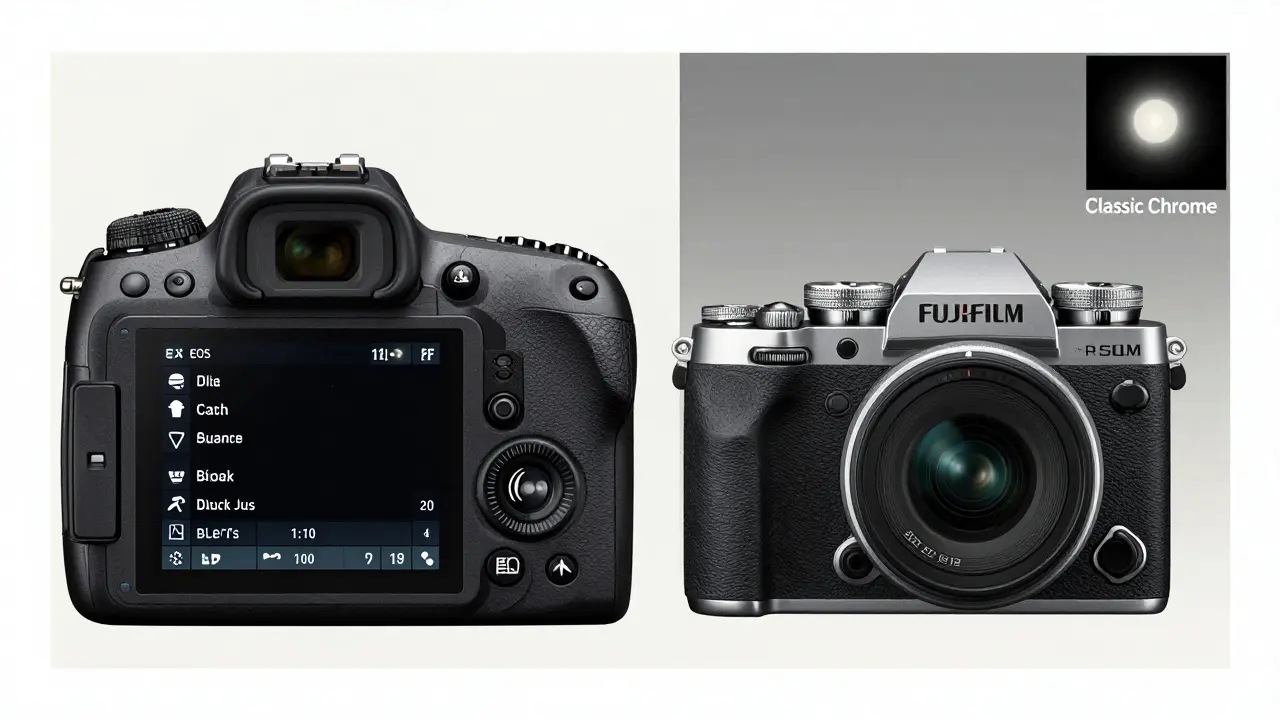 Vergleich: Canon mit digitalen Menüs links, Fujifilm mit mechanischen Drehknöpfen rechts, klassische Film-Simulation sichtbar.