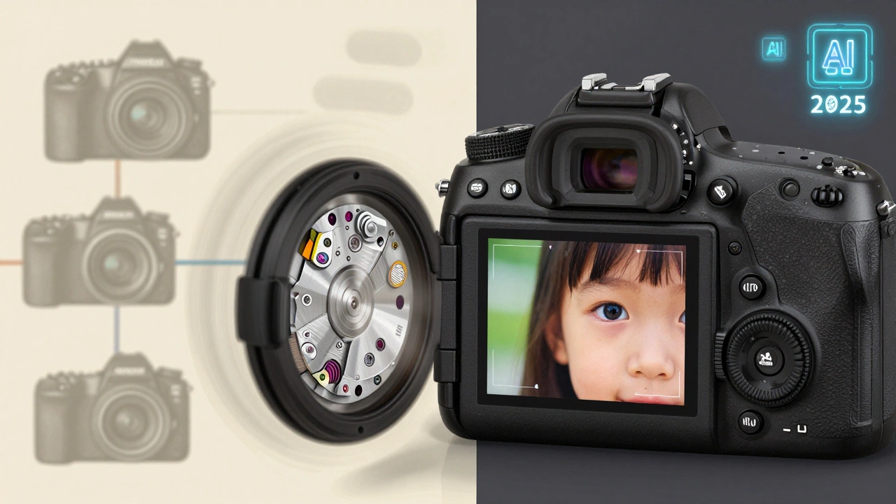 Vergleich der internen Spiegelmechanik einer DSLR mit dem Live-View einer modernen spiegellosen Kamera beim Porträt fotografieren.