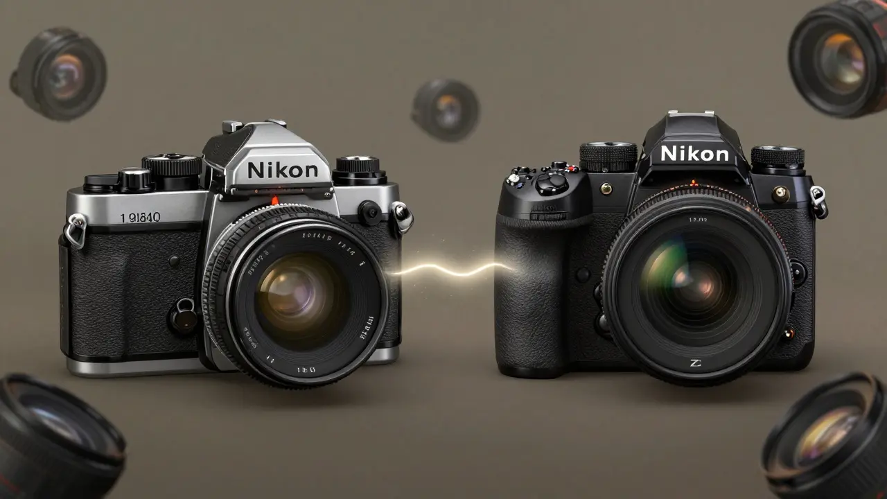 Vergleich einer alten Nikon F3 und einer modernen Nikon Z9, verbunden durch einen Lichtstrahl, umgeben von Objektiven aus verschiedenen Jahrzehnten.