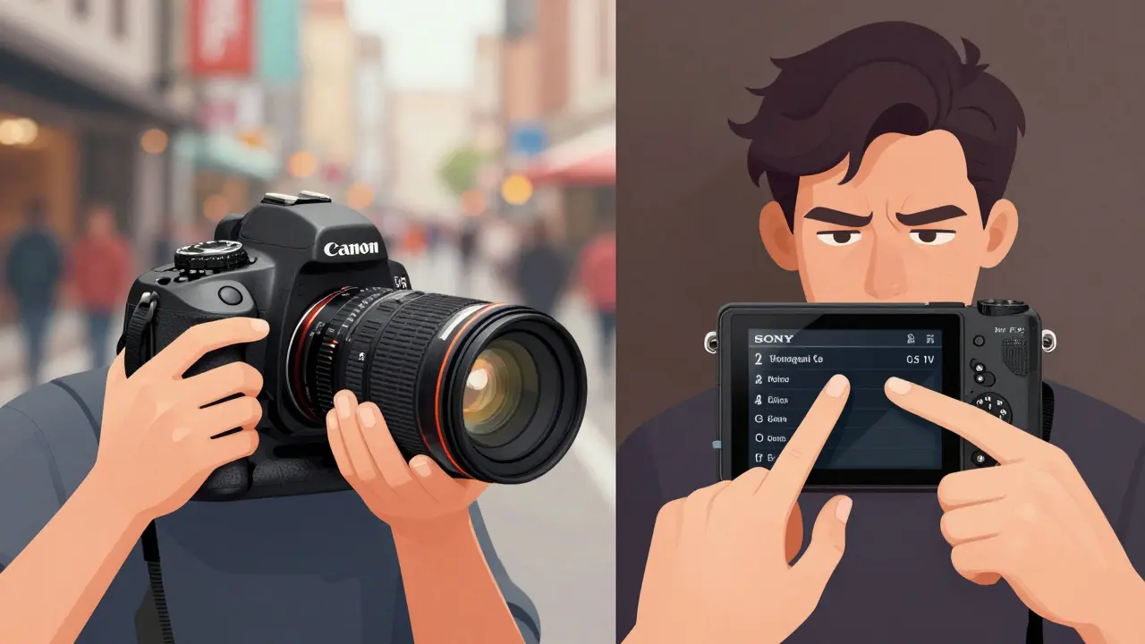 Vergleich: Zufriedener Canon-Nutzer neben verunsichertem Sony-Nutzer vor Kameramenüs.