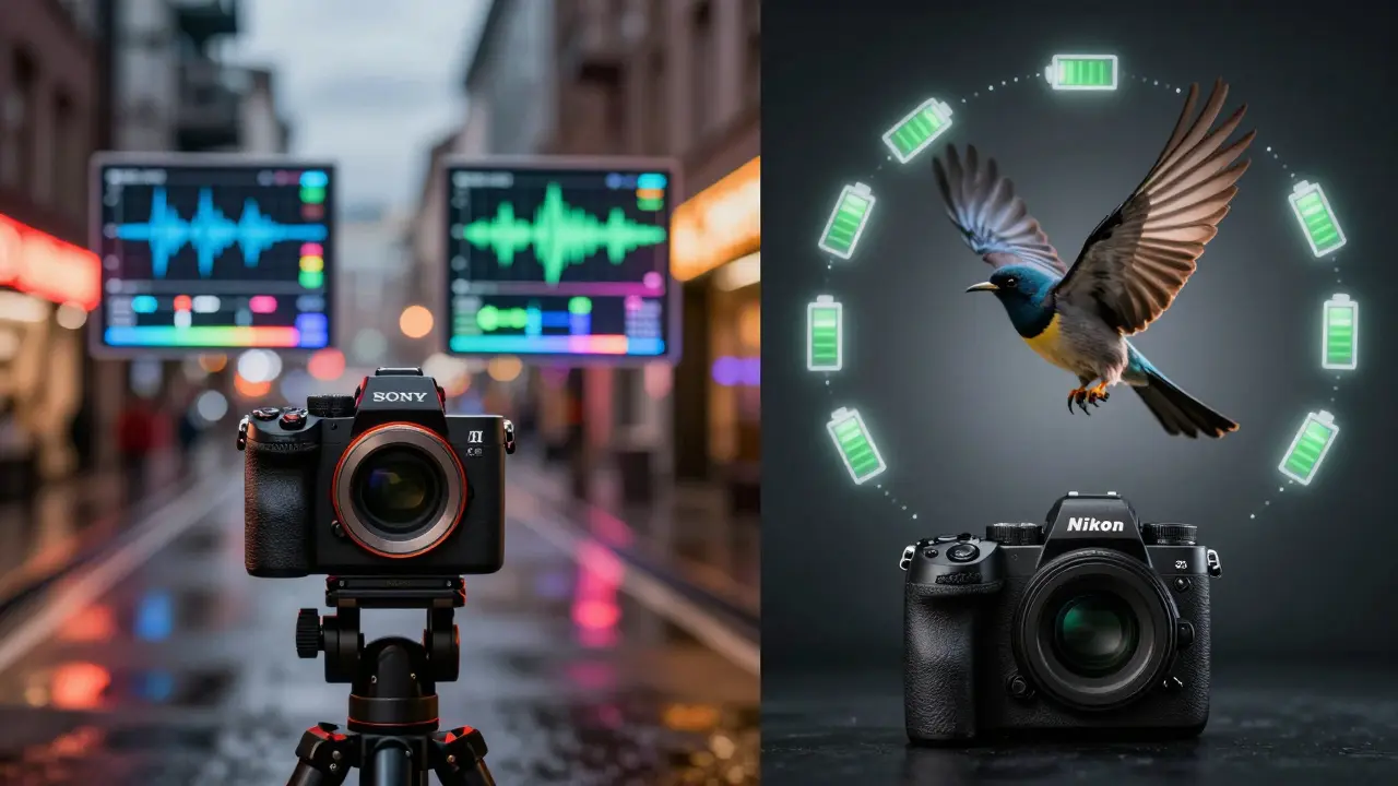 Vergleichende Darstellung: Sony-Kamera für Video und Nikon-Kamera für Stillfotografie.