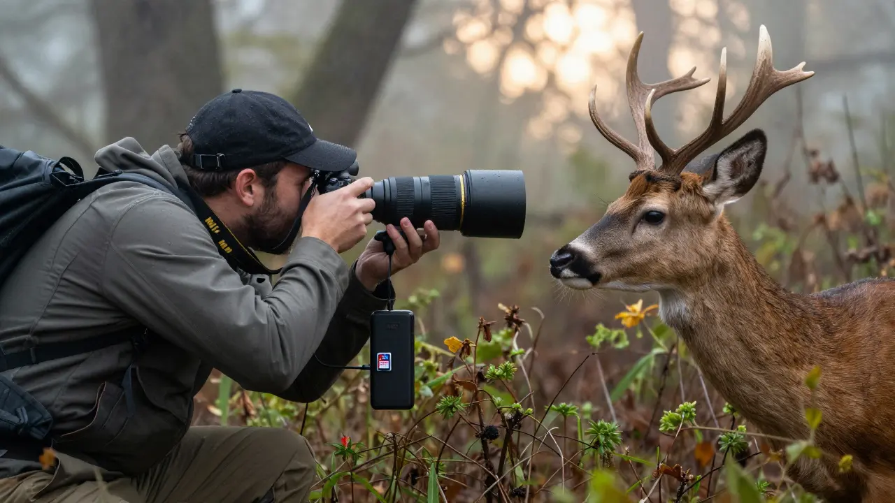 Wildlife-Fotograf mit Nikon D850, der ein Reh im Gebüsch mit schnellem Autofokus verfolgt.