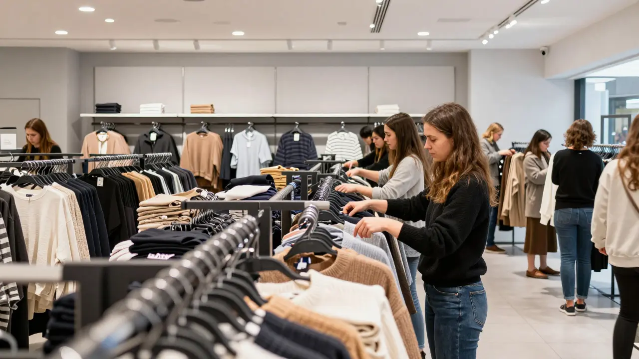 Zara store at dawn with staff organizing new arrivals, clean interior, no ads.