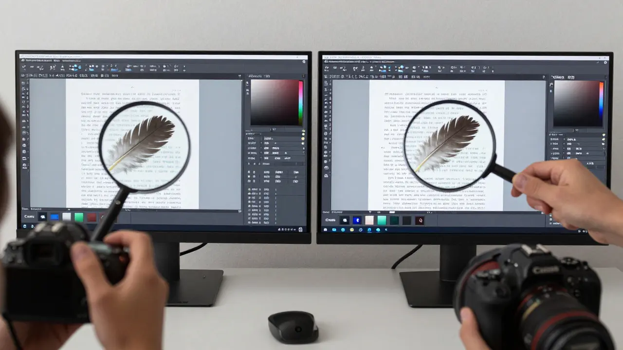 Zwei Fotografen betrachten RAW-Dateien auf Monitoren, beide Bilder zeigen identische Details bei 100% Vergrößerung.