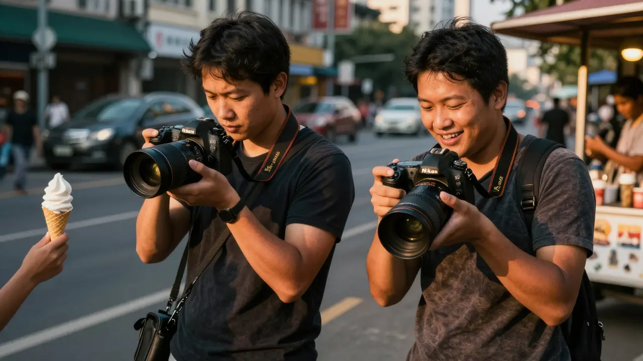 Zwei Fotografen mit unterschiedlichen Kameras fangen denselben Moment in der Stadt ein – ein lachendes Kind.