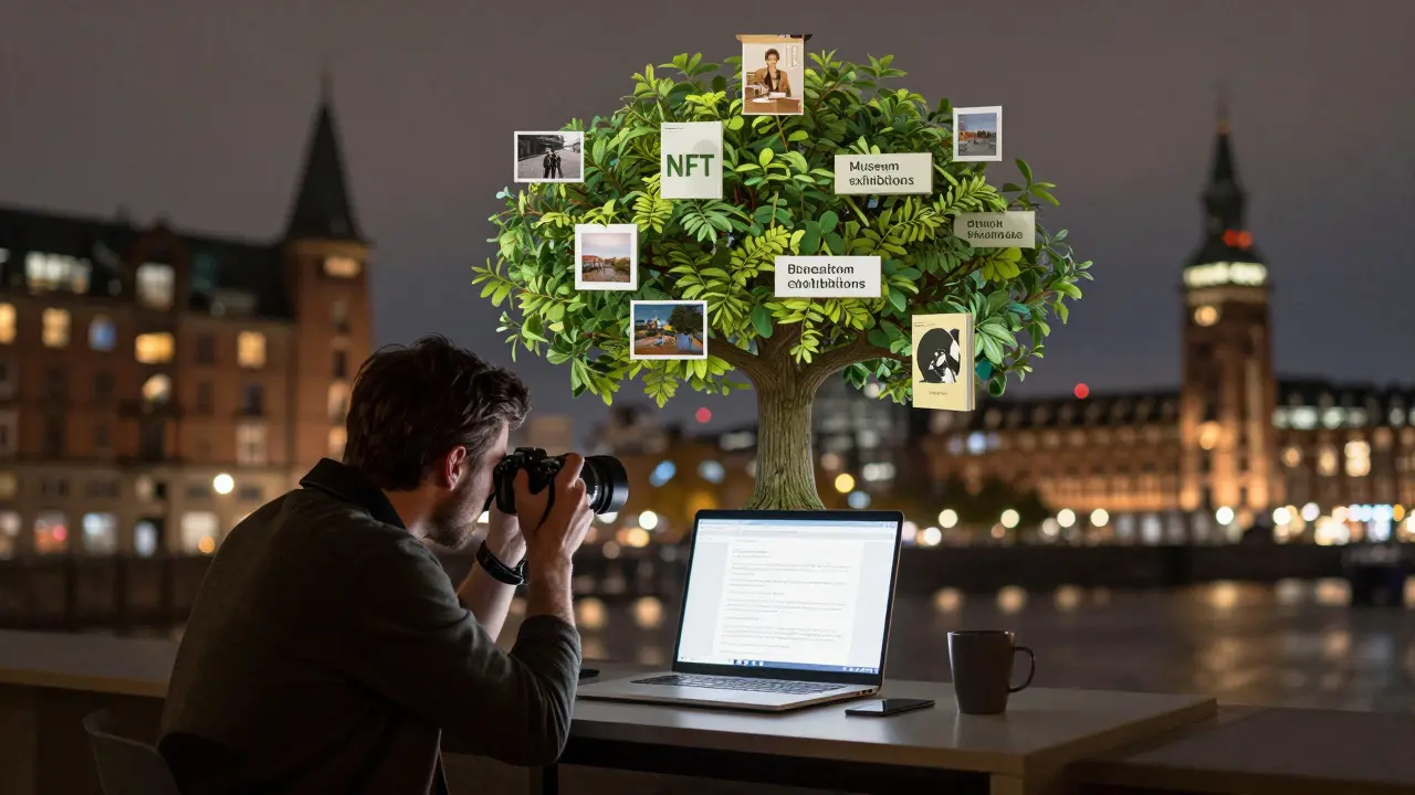 A photographer in Hamburg with a digital tree above their desk showing multiple income streams from one photo.