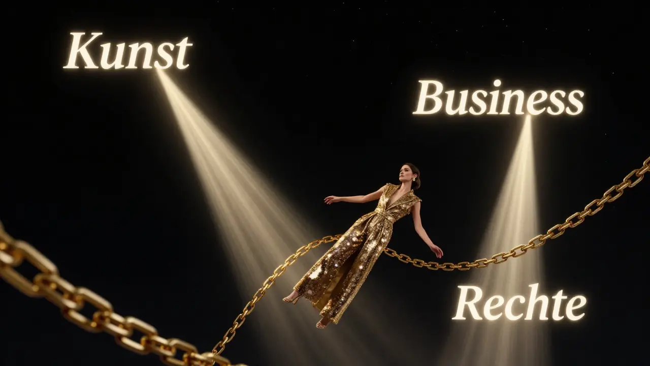 A single photograph with three glowing streams representing art, business, and rights as pillars of financial success.