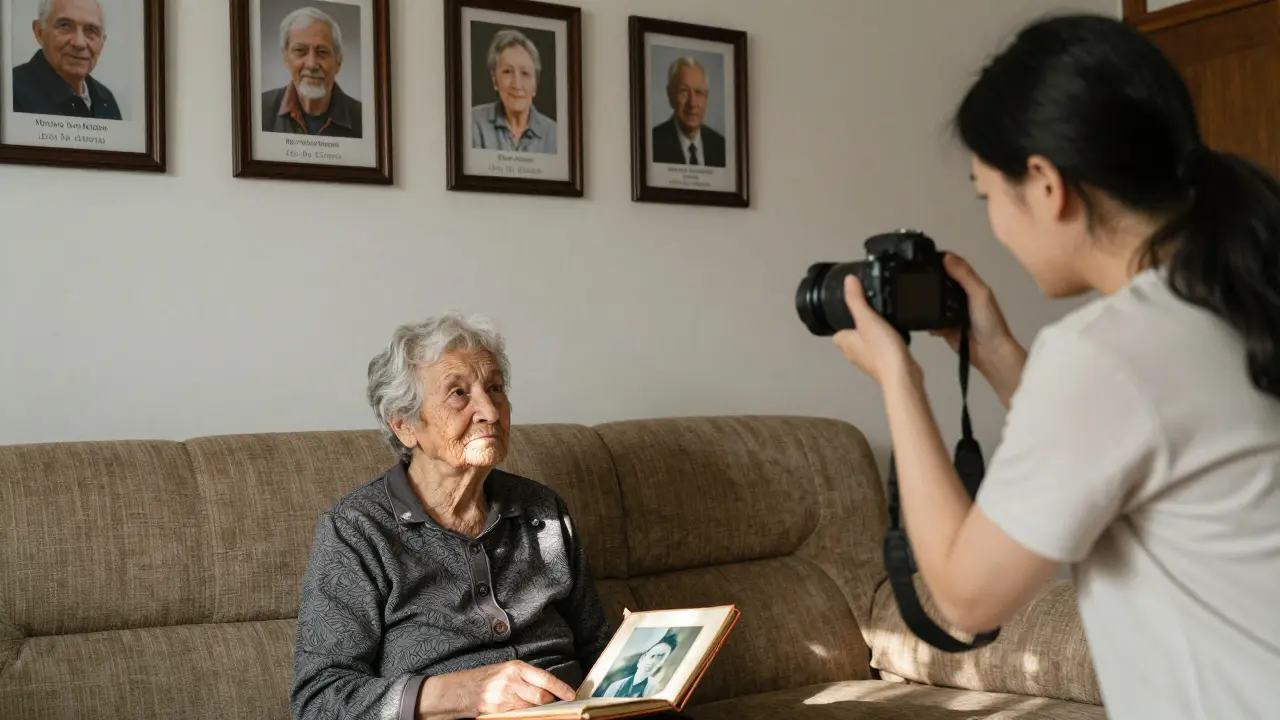 Ältere Frau wird in ihrem Wohnzimmer porträtiert, Wände voller Porträts von Senioren.