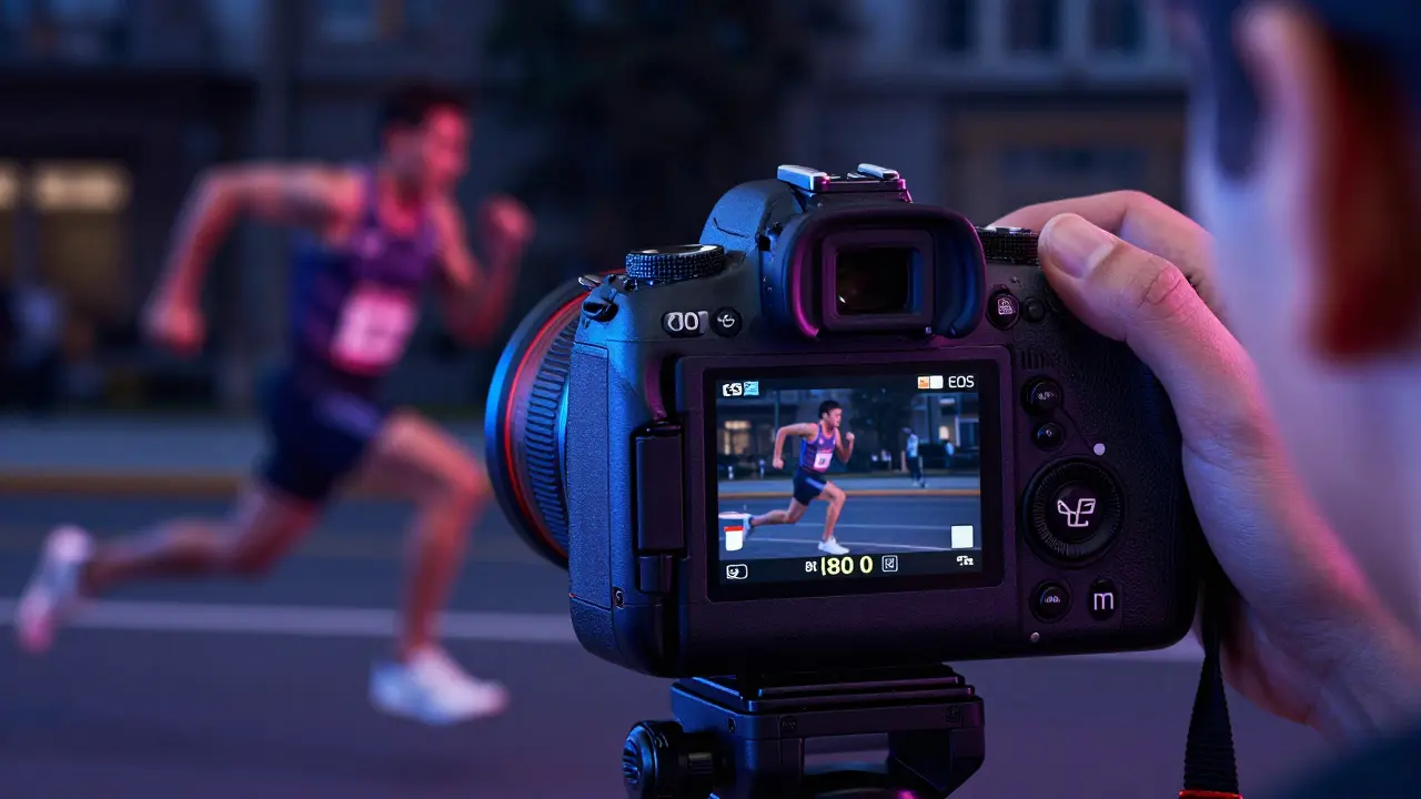 Canon EOS R5 bei der Aufnahme von Sportlern im Dunkeln mit elektronischem Sucher.