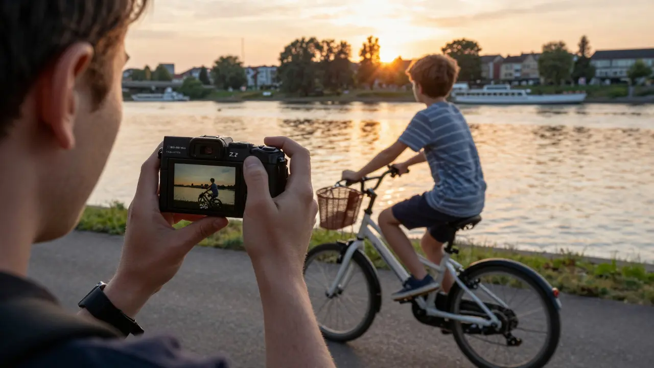 Ein Anfänger fotografiert sein Kind am Elbufer bei Sonnenuntergang mit einer leichten spiegellosen Kamera.