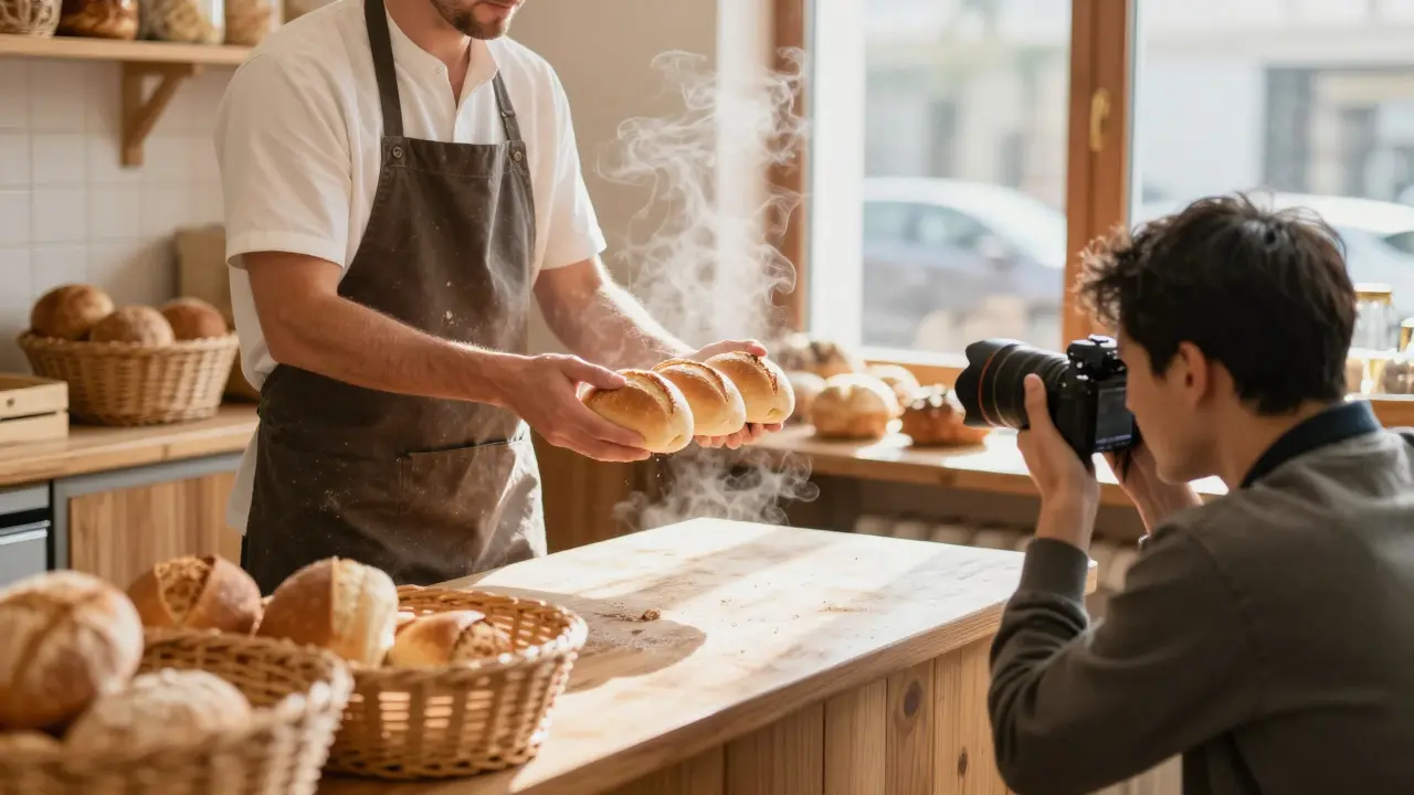 Ein Bäcker hält frische Brötchen, während ein Fotograf sie aus niedriger Perspektive aufnimmt.
