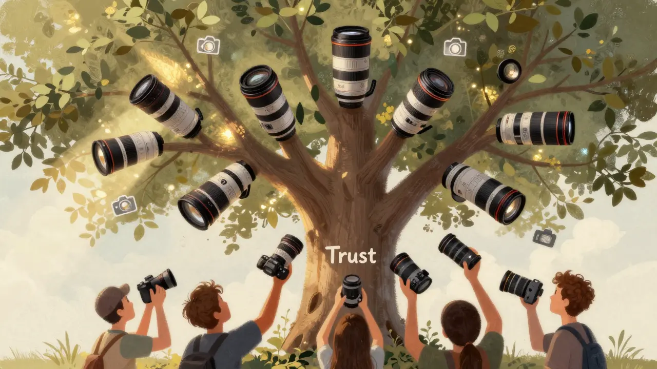 Ein Baum mit Objektiven als Ästen, symbolisiert die langjährige Kompatibilität und das Vertrauen in Canon.