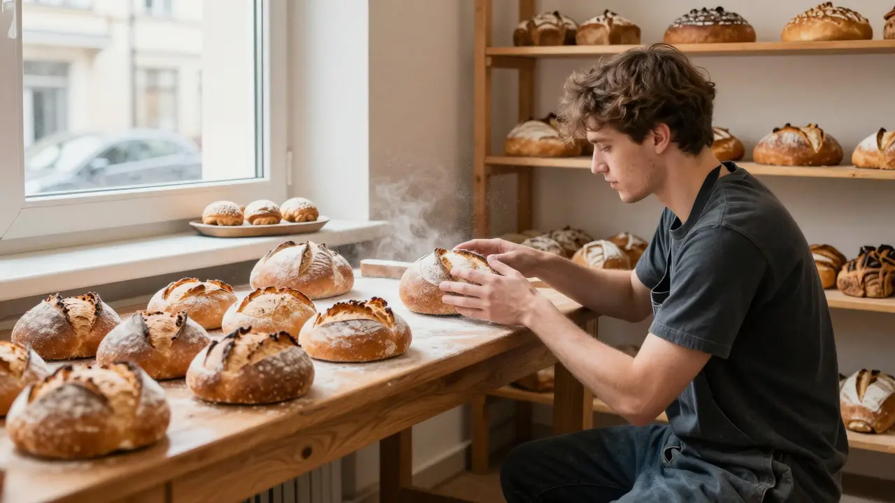 Ein Fotograf nimmt in einer Bäckerei frisches Brot unter natürlichem Licht auf.