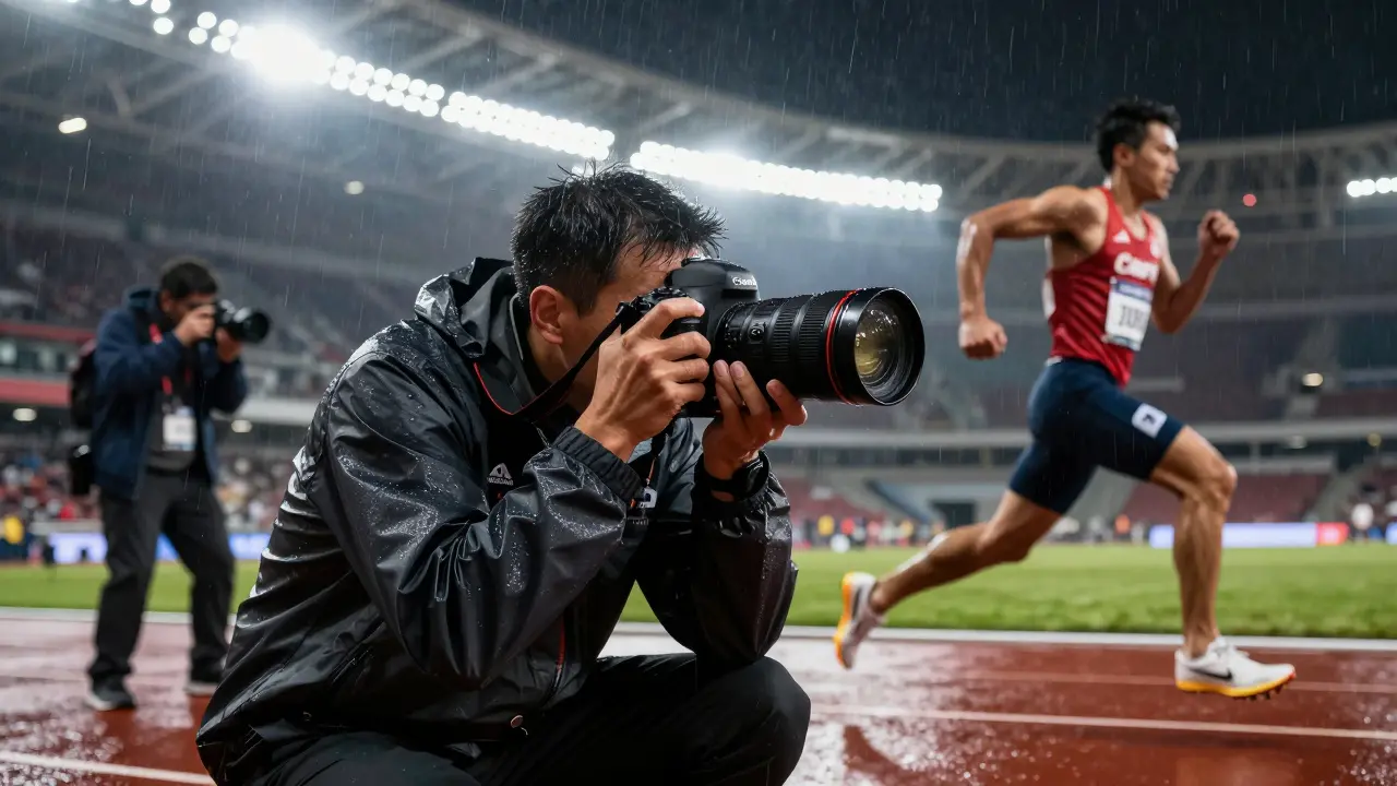 Ein Fotojournalist fotografiert bei Regen mit einer witterungsgeschützten Canon-Kamera einen Sportler im Aktionsschnitt.