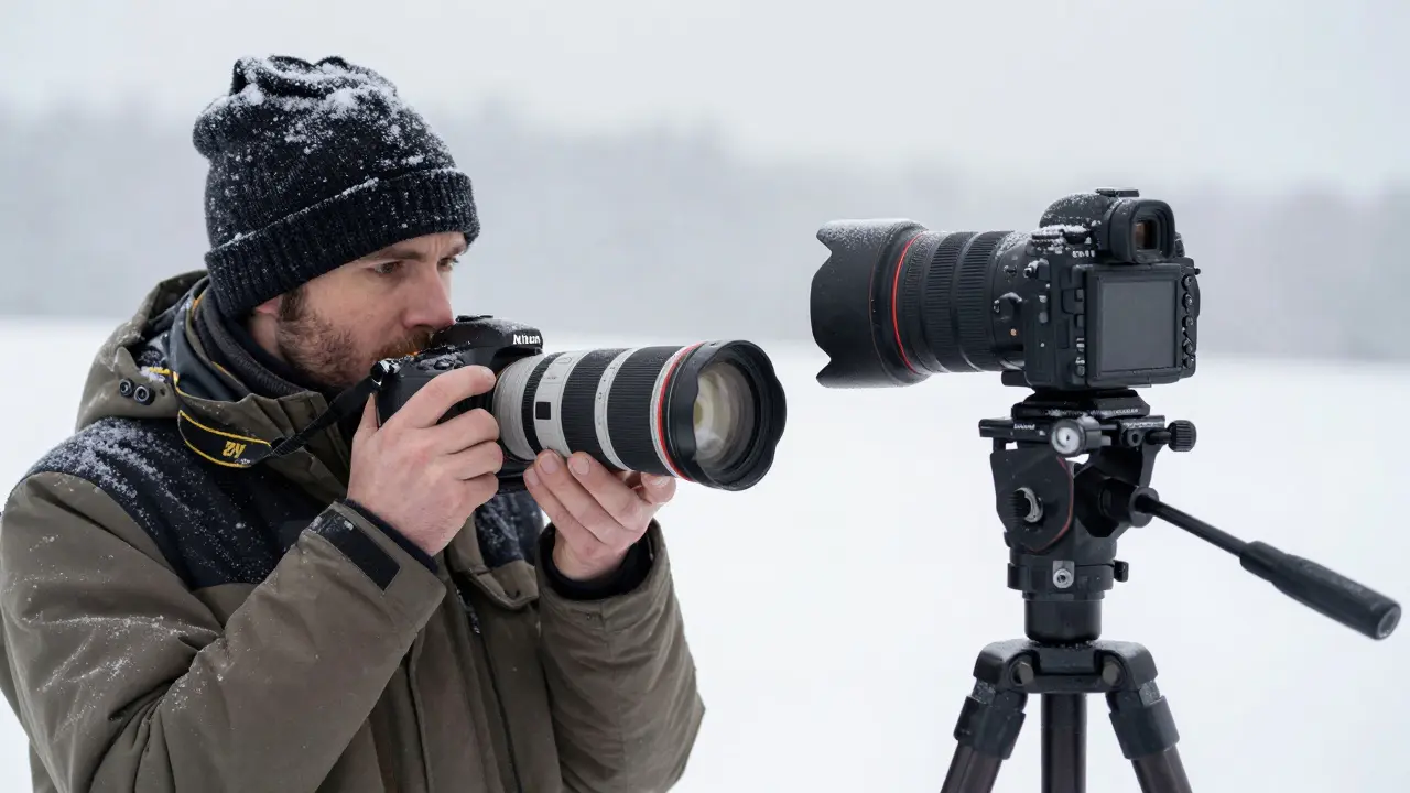 Ein Fotojournalist in einem Schneesturm mit einer Nikon D850, während eine Z6 II auf einem Stativ in der Nähe steht.