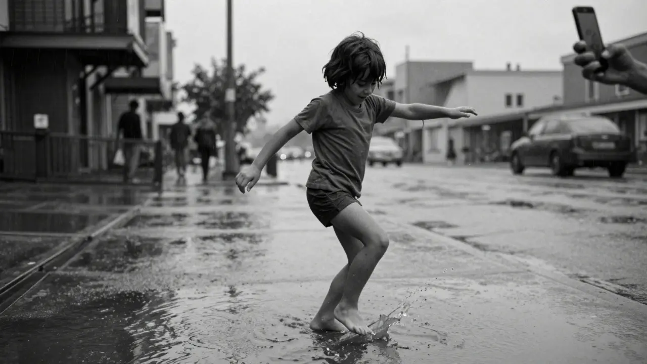 Ein Kind tanzt in einer Regenpfütze, Wassertröpfchen sind in der Luft gefroren, Stadt im Hintergrund verschwommen.
