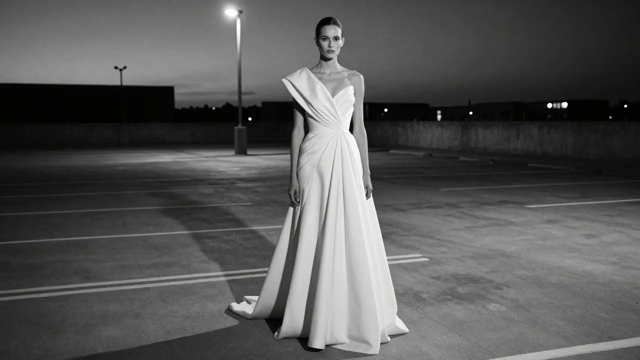 Ein Modell in einem schwarz-weißen Dior-Abendkleid steht allein auf einem leeren Parkplatz bei Dämmerung.