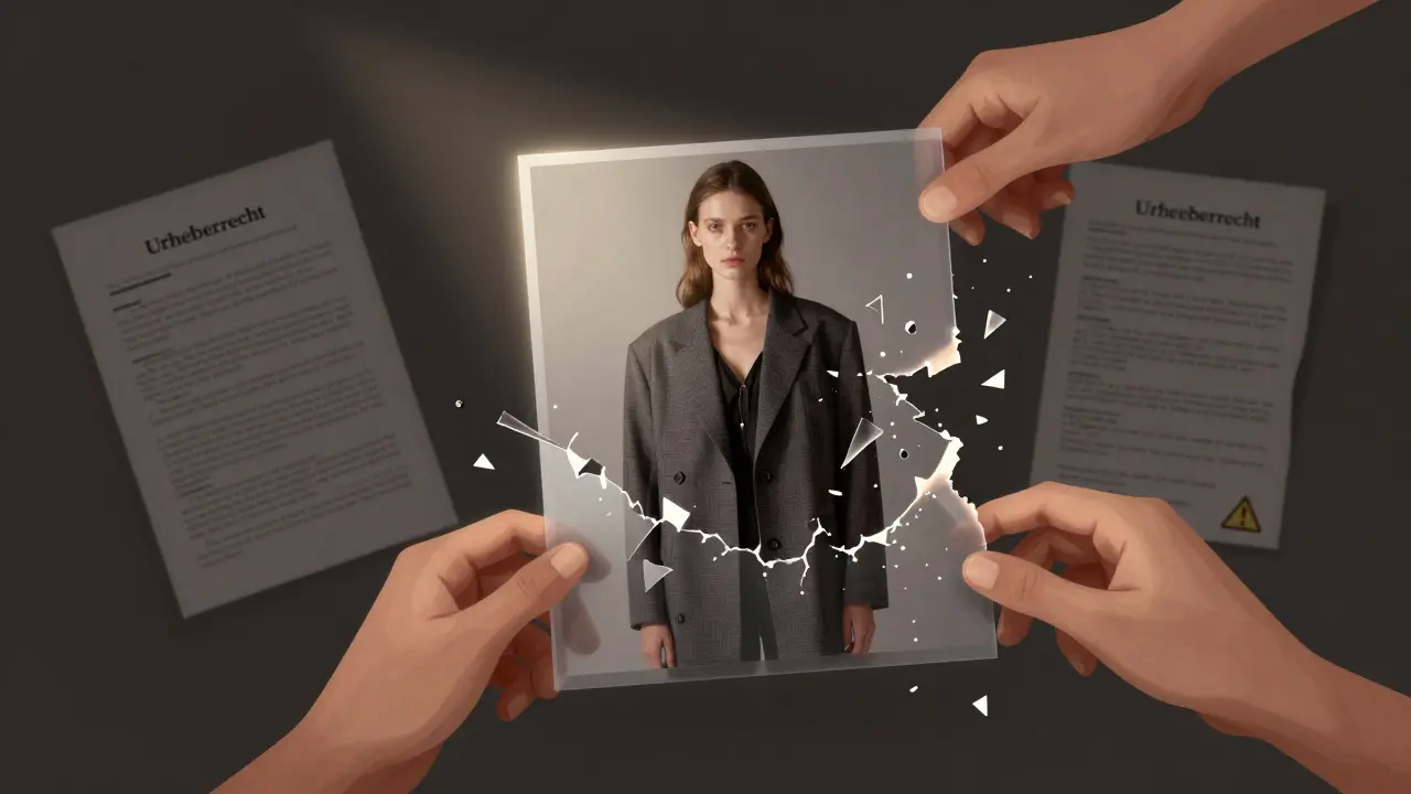 Ein unverändertes Modefoto wird von gewaltsamen Bearbeitungs-Elementen umgeben, die es zu zerstören scheinen.