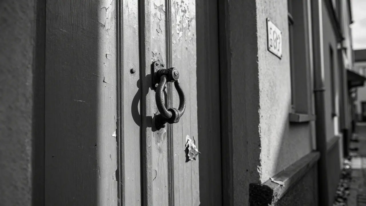 Eine alte, abgeblätterte Tür mit verrosteter Klinke in einem stillen Hamburger Hinterhof, Sonnenlicht fällt auf das Holz.