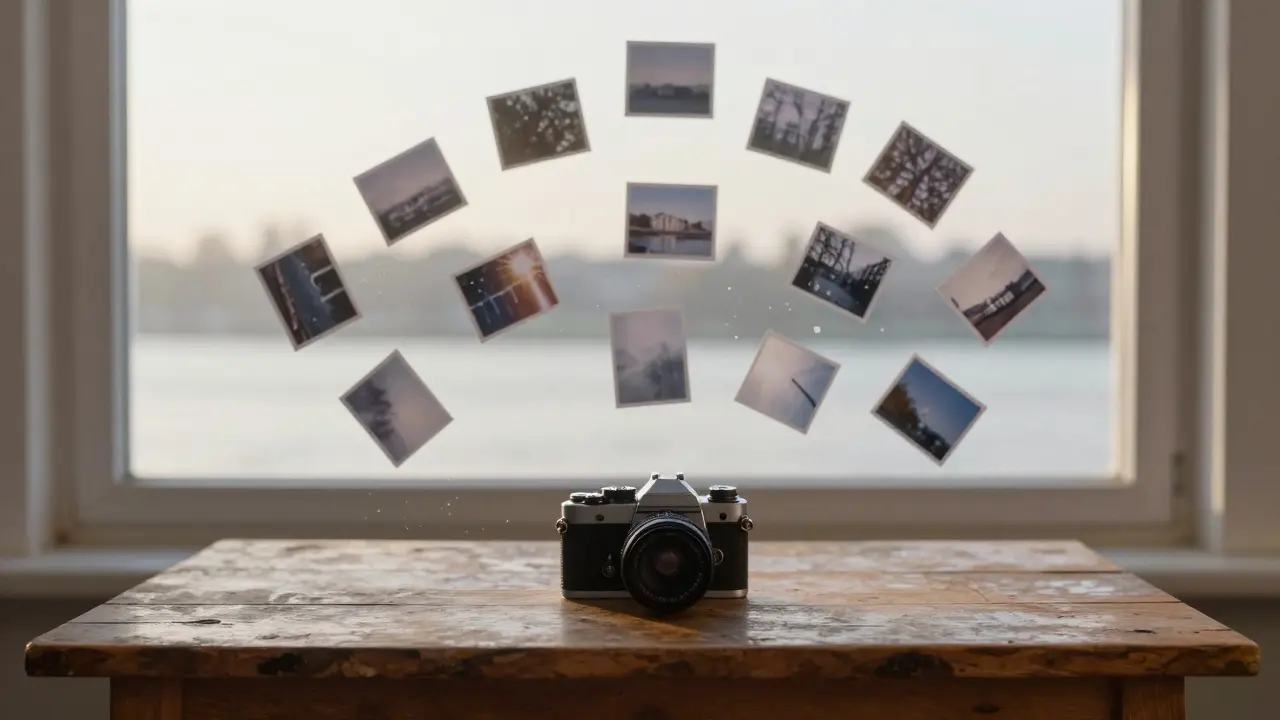 Eine alte Kamera liegt auf einem Tisch, umgeben von tausenden schwebenden Fotos, die wie Schneeflocken wirken.