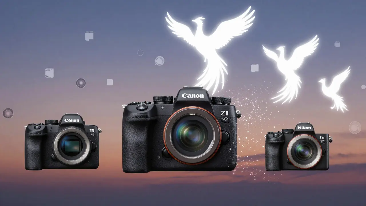 Eine DSLR-Kamera löst sich in digitale Partikel auf, während moderne Spiegellose wie Phönixe aus dem Licht aufsteigen.