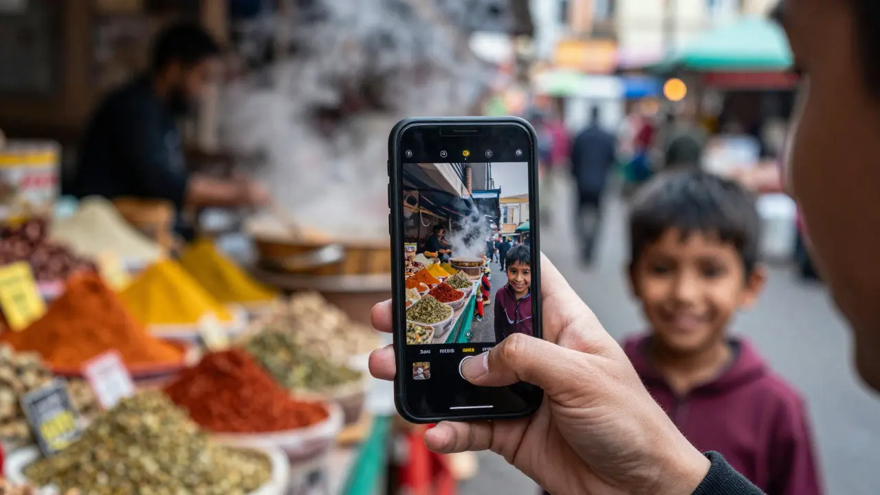 Eine Hand macht ein Foto in einem farbenfrohen Markt, während die Augen nicht auf den Moment, sondern auf den Bildschirm gerichtet sind.