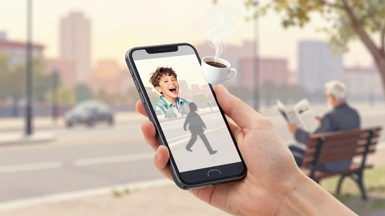 Eine Hand mit Smartphone, umgeben von schwebenden Momenten des Alltags: Lachen, Dampf, Schatten, ein Mann auf einer Bank.