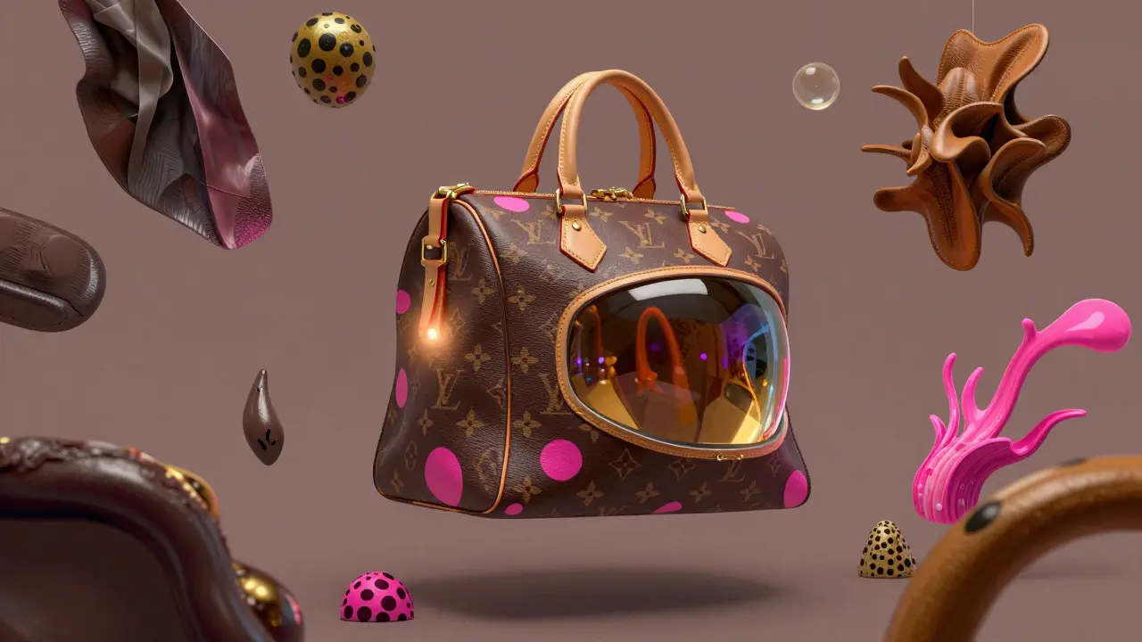 Eine Louis-Vuitton-Tasche, die wie ein futuristischer Helm aussieht, umgeben von biotechnologischen Materialien.