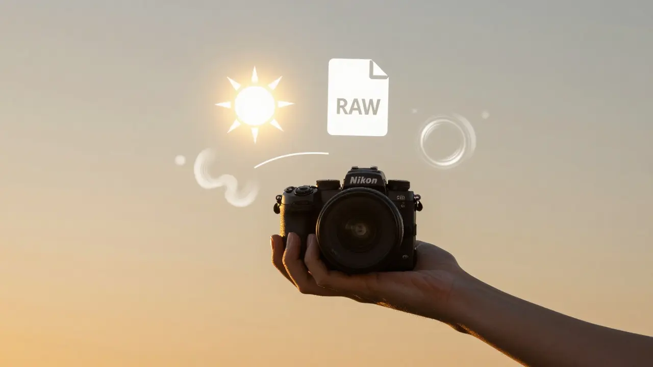 Eine Nikon Z30-Kamera in goldenem Licht, umgeben von abstrakten Elementen, die Licht, Kontrolle und Kreativität symbolisieren.