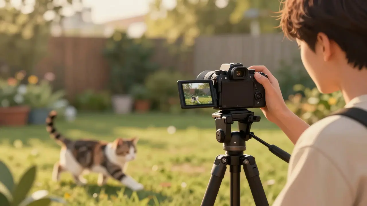 Eine Person filmt mit der Nikon Z30 im Garten, während eine Katze vorbeiläuft.